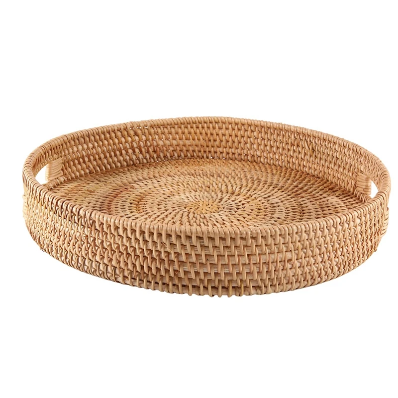 

Round Rattan Serving Tray Decorative Woven Ottoman Trays with Handles for Coffee Table Natural(Large)