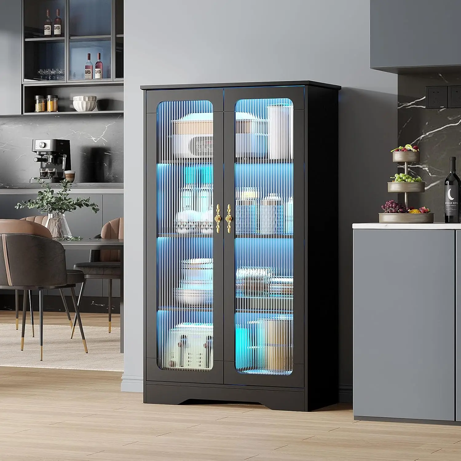 

Витрина со стеклянными дверцами, 4-ярусный шкаф для коллекционных предметов с LED-подсветкой, высокий шкаф-витрина 55 дюймов с полками, шкаф для хранения