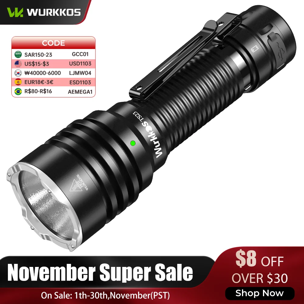 Wurkkos TS23 21700 Rechargeable Tactical Flashlight EDC 5000LM XHP70.3 HI LED Torch IPX-8 Waterproof Two Group Modes Tail Switch