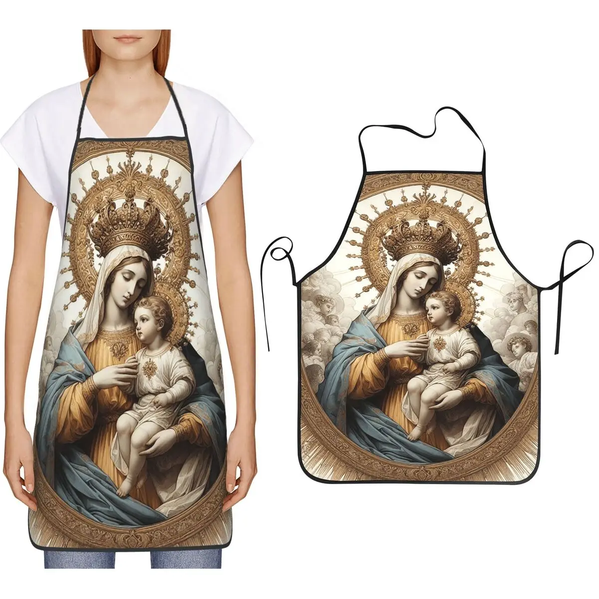 Christ Virgin Mary Holding Baby Jesus Apron Chef Cooking Cuisine Tablier Bib Kitchen Cleaning Pinafore for Women Men Gardening