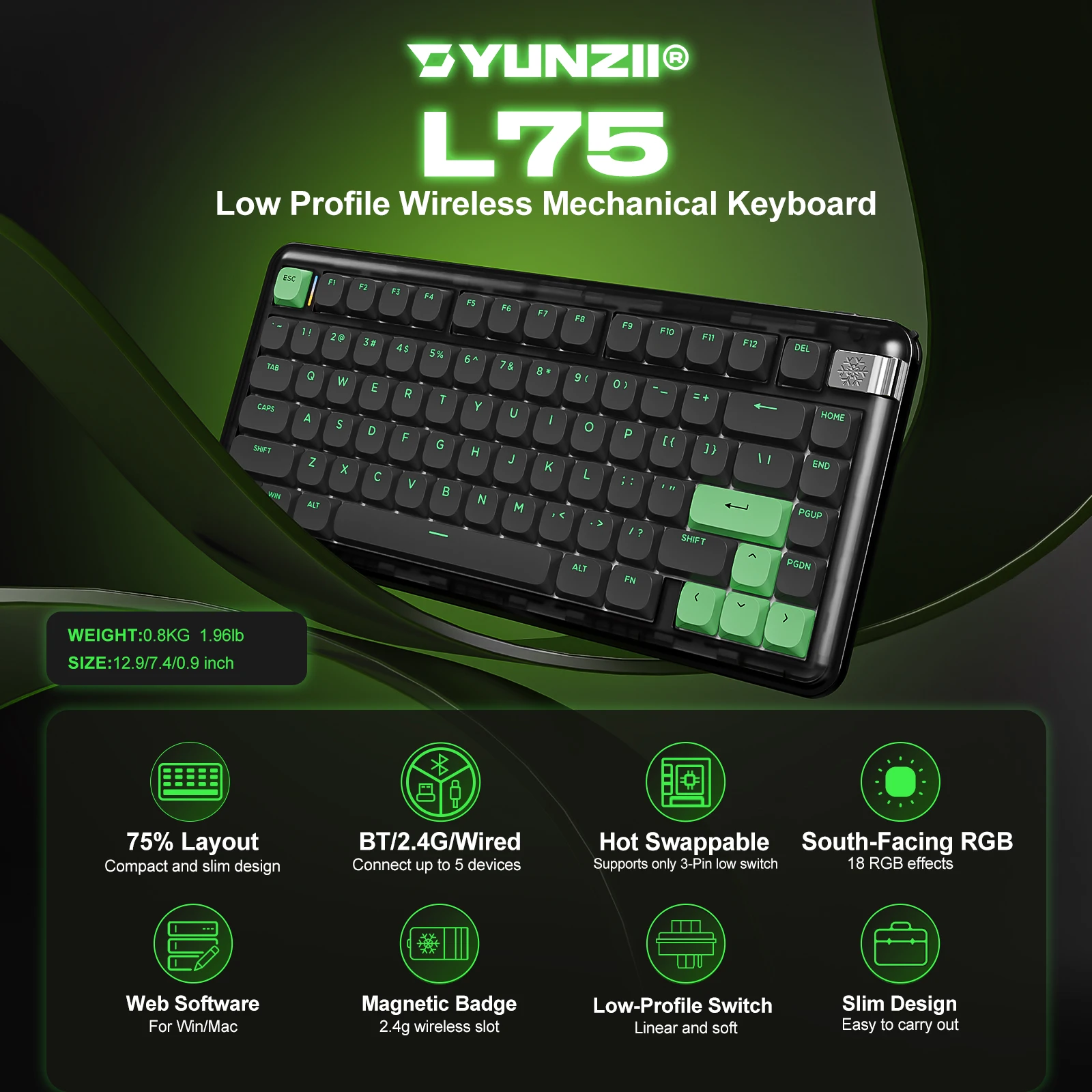 Imagem -02 - Teclado Mecânico sem Fio 75 Portátil Low Profile Slim Keyboard Junta Custom Rgb Gaming Keyboard para Mac e Win Yunzii-l75