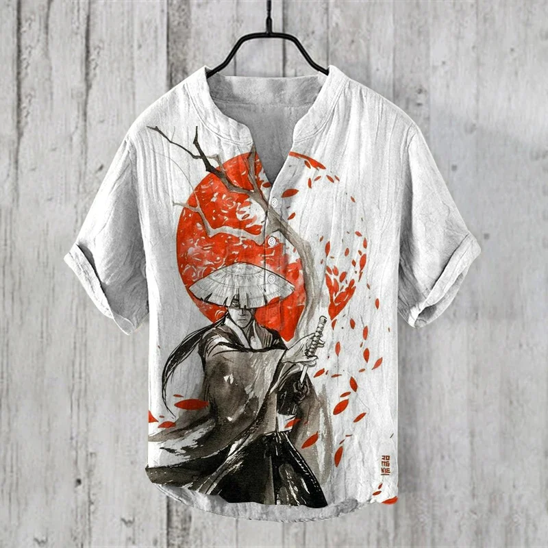 

2024 Summer Japanese Swordsman Pattern Printed High Quality Men's Samurai Short Sleeve Linen Shirt Button Top for Street Wear