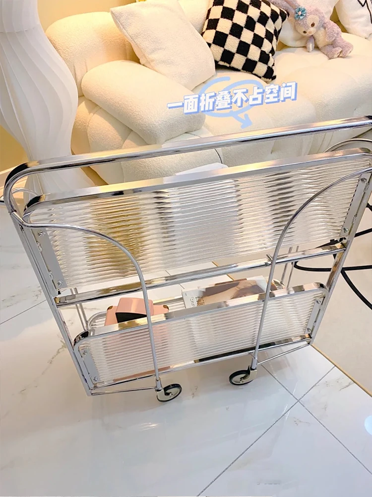 The product can be customized.Online celebrity ins transparent ultra-white Changhong glass medieval folding trolley shelf mobil