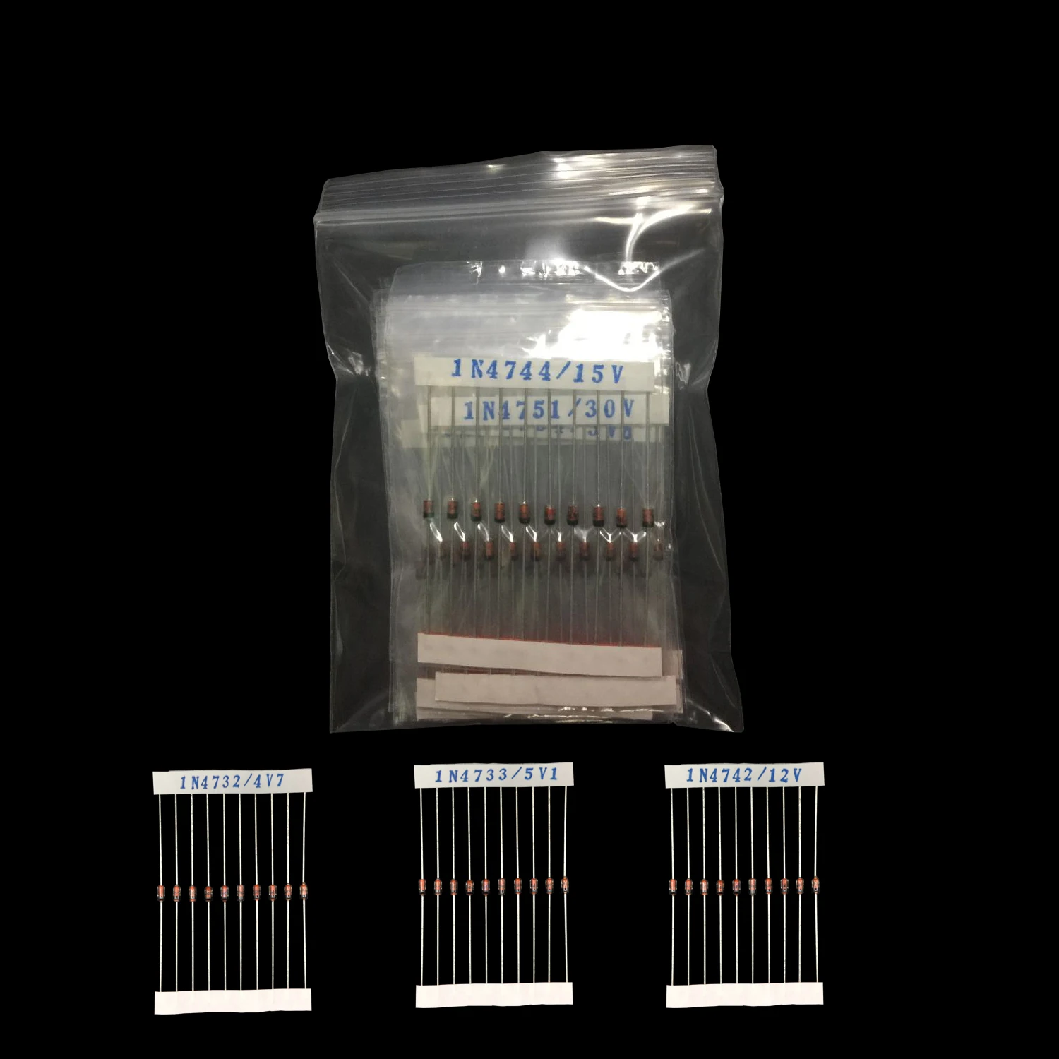 28 Types of 1W Zener Glass Regulator Diode Sample Package 1N4742 3.3V-1N4756A 47V Total 280