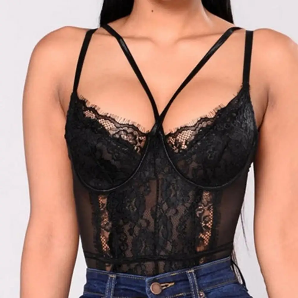 Lady Sexy Bodysuit Solid Hollow Out Spaghetti Strap Lace See-through Deep V Neck Slim Fit Sleeveless Captivating Exotic Teddies