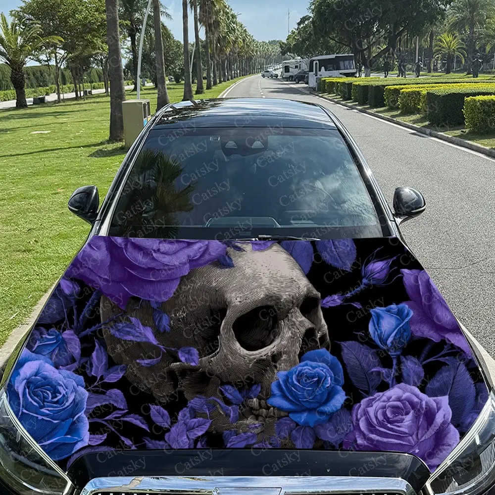 

Car Decal Skull Surrounded by Purple & Blue Roses and Butterflies for a Bold Artistic Aesthetic Car Hood Sticker, Waterproof Sel