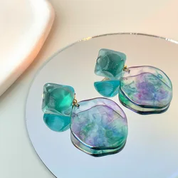 Aurora Blue Wavy Round Transparent Geometric Ear Clips Korean Spring Summer Acrylic Shell Shaped Clip on Earrings No Piercing