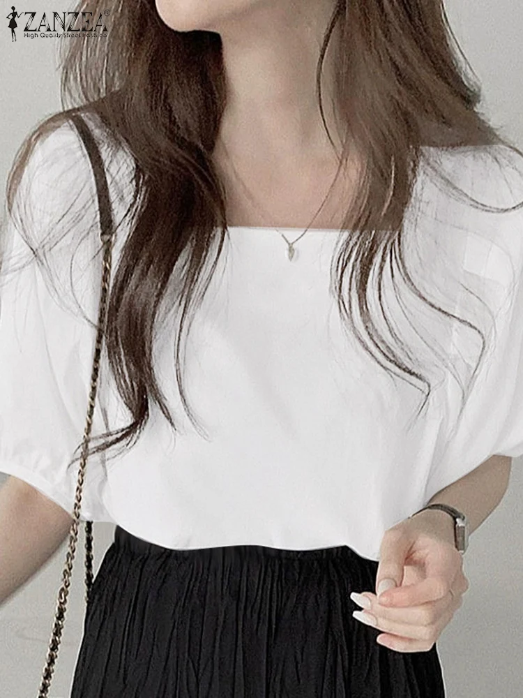 

ZANZEA Korean Fashion Short Puff Sleeve Blusas Mujer Square Neck Elegant Summer Solid Color Blouses Day Wear Womens Smock Tops