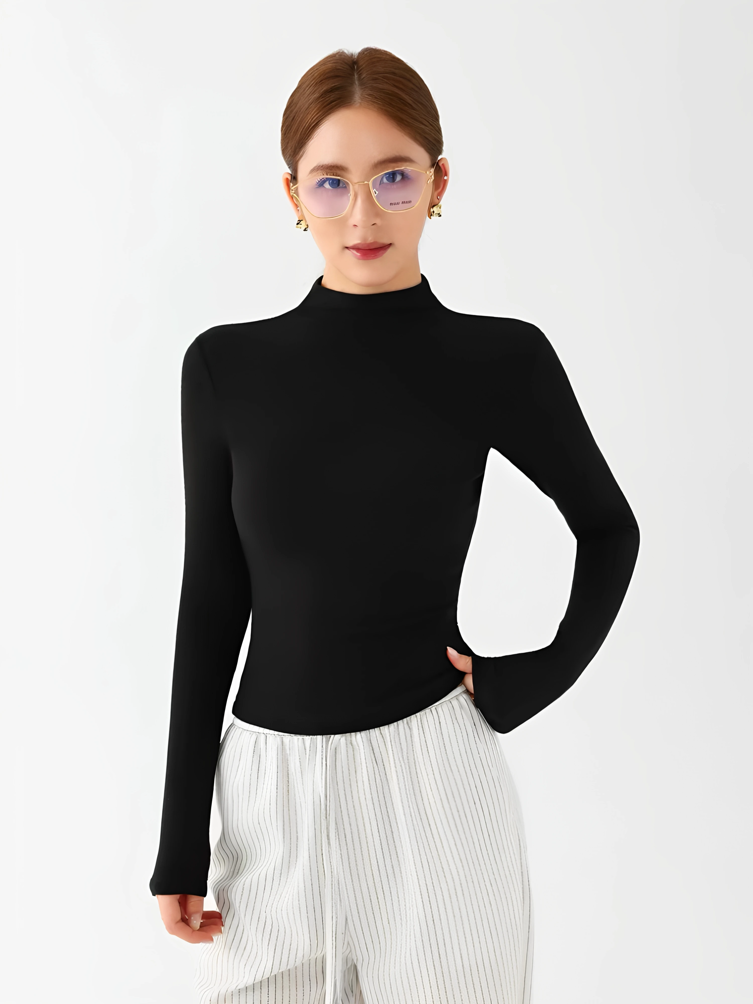plus Size Women's Fleece Lined Long Sleeve Half High Neck Base Shirt Slim Fit Inner And Outer Wear T-Shirt Top for Commuting