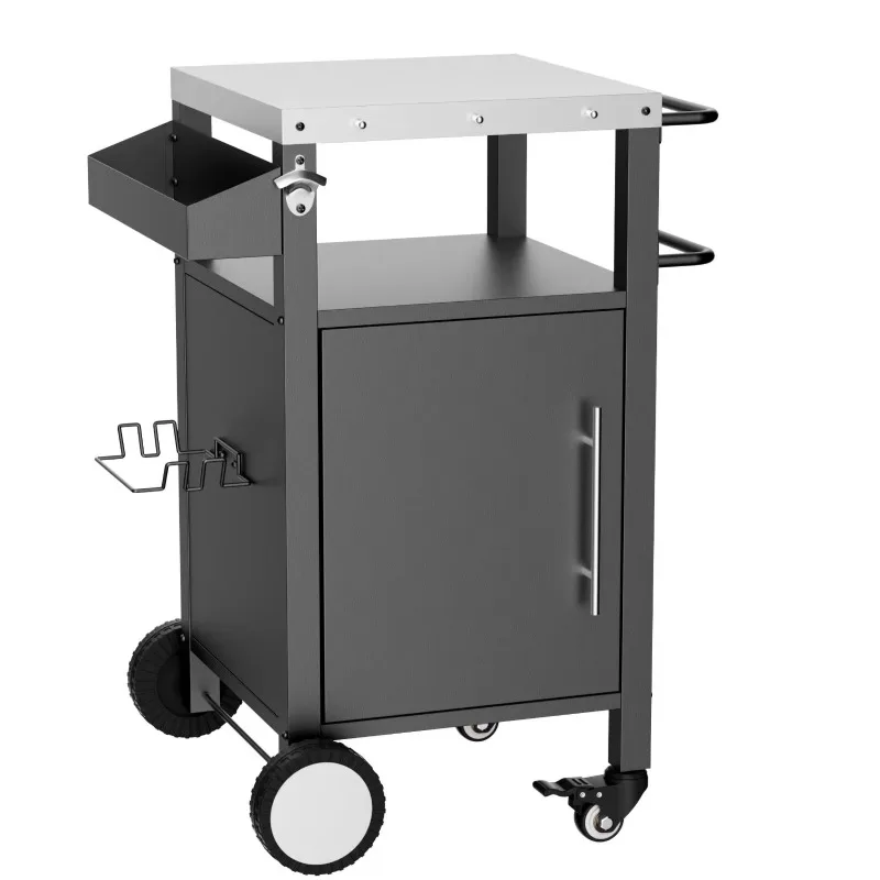 Black outdoor BBQ cart with patio furniture rolling bar storage BBQ accessories including hooks and spice racks