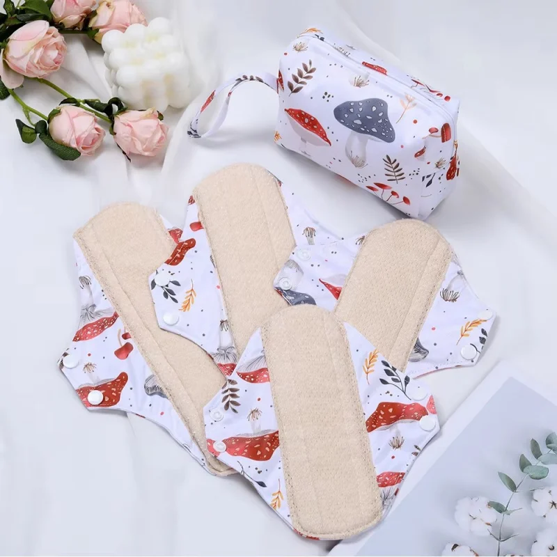 Soft Washable Reusable Printed Mesh Cotton Sanitary Pads Set Skin-Friendly Portable Leakproof Menstrual Pads for Comfortable