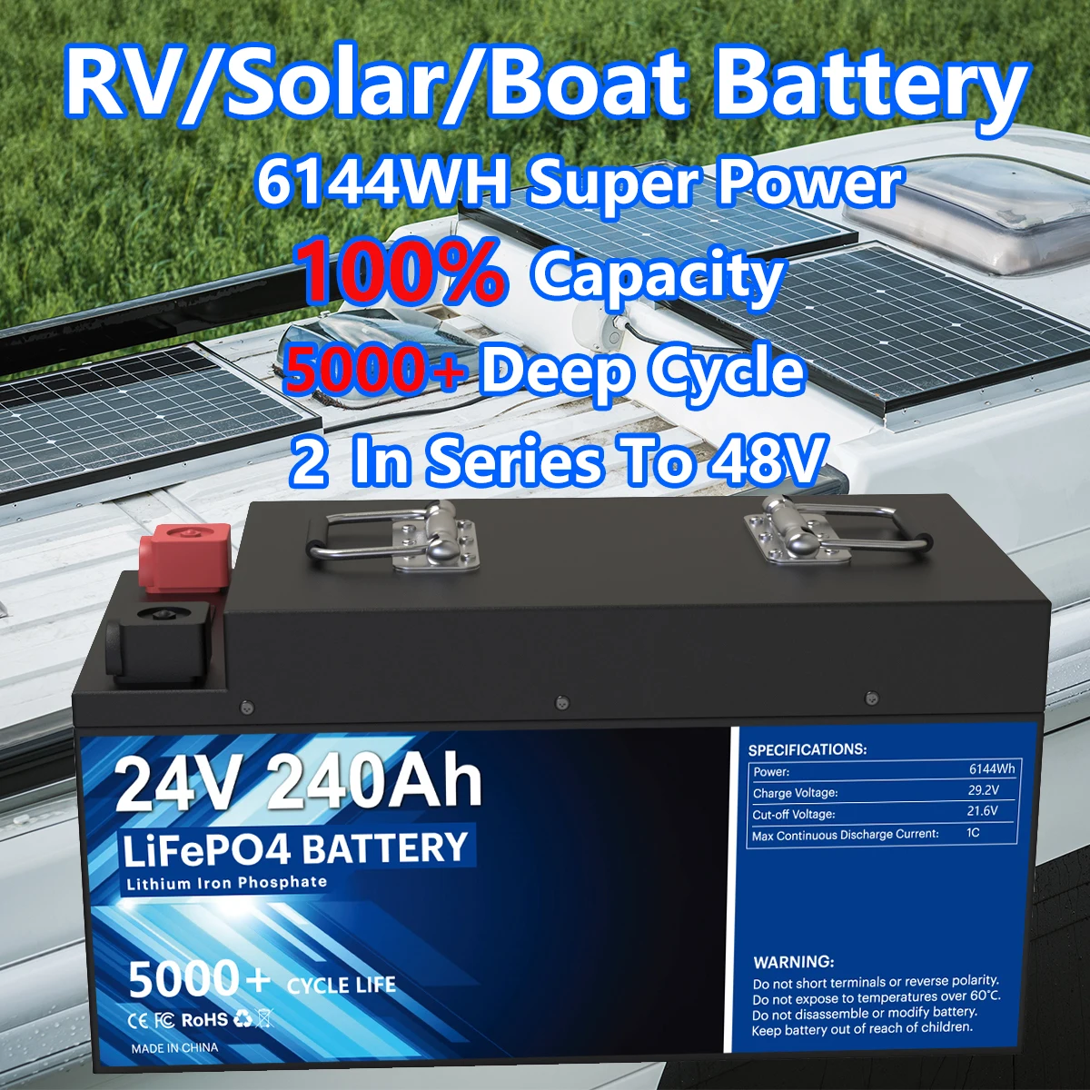 

24V 240AH 200AH LiFePO4 Battery Pack 100% Capacity 6KW Lithium Ion Solar Battery 5000+ Cycle 6144WH 200A BMS RV/PV EU US NO TAX