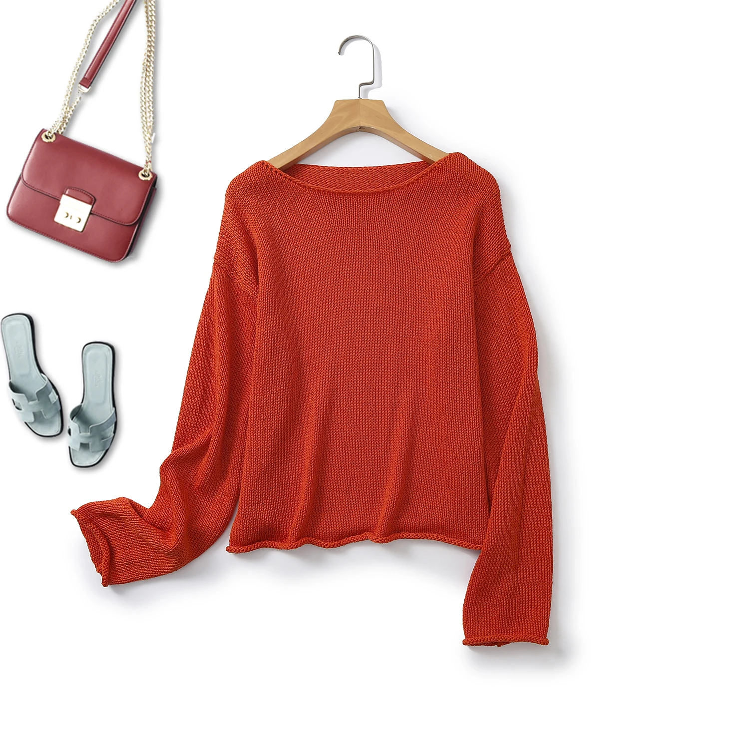 

Ethereal MD 2024 autumn new style of Women's red casual lazy wind relaxed light boat collar long-sleeved sweater