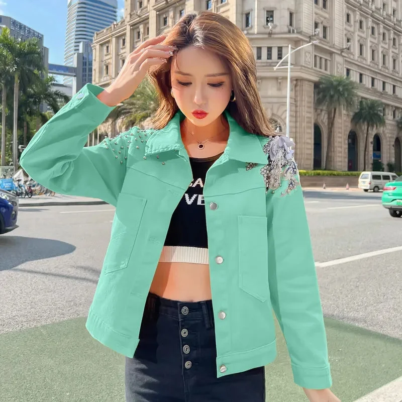 2023 Cores Doces Denim Jaqueta Curta Mulheres Rebite Applique Jean Casaco Estudante Outerwear Rosa-vermelho Amarelo Verde Rosa Loose Top Coats