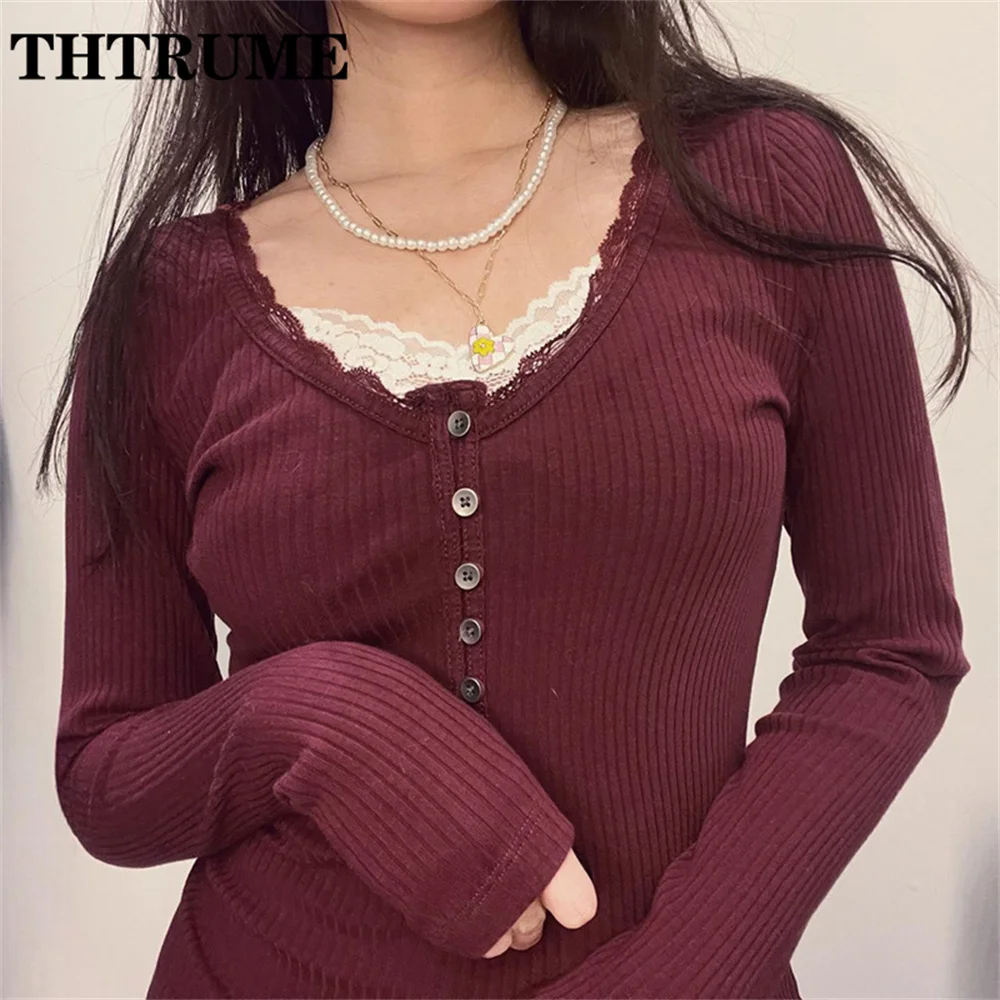 Autumn Long Sleeve Red T-Shirts Fashion Women Slim Ribbed Retro V-Neck Vintage Crop Tops Casual Communte Button Chic Lace Tees