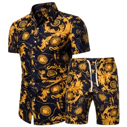 Conjuntos de camisas e shorts de luxo para homens, roupas de praia havaianas, camisas européias, ternos, moda, 2 peças