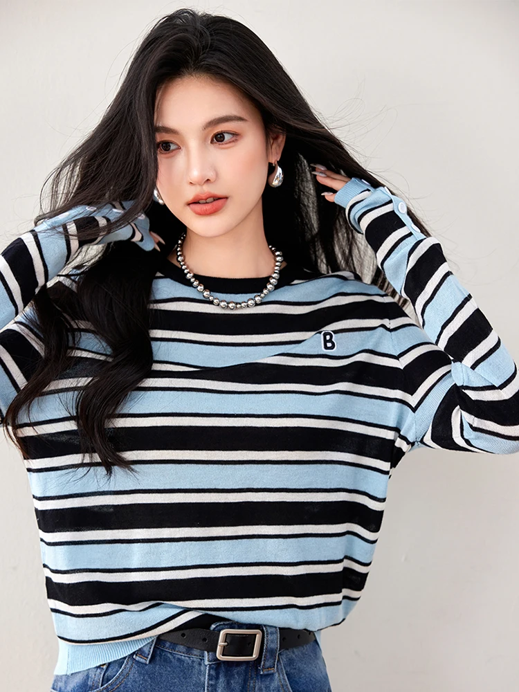 2024 Autumn New Striped Knit Sweaters Women Korean Style Long Sleeve Pullover Contrast Color Chic O-Neck Tops