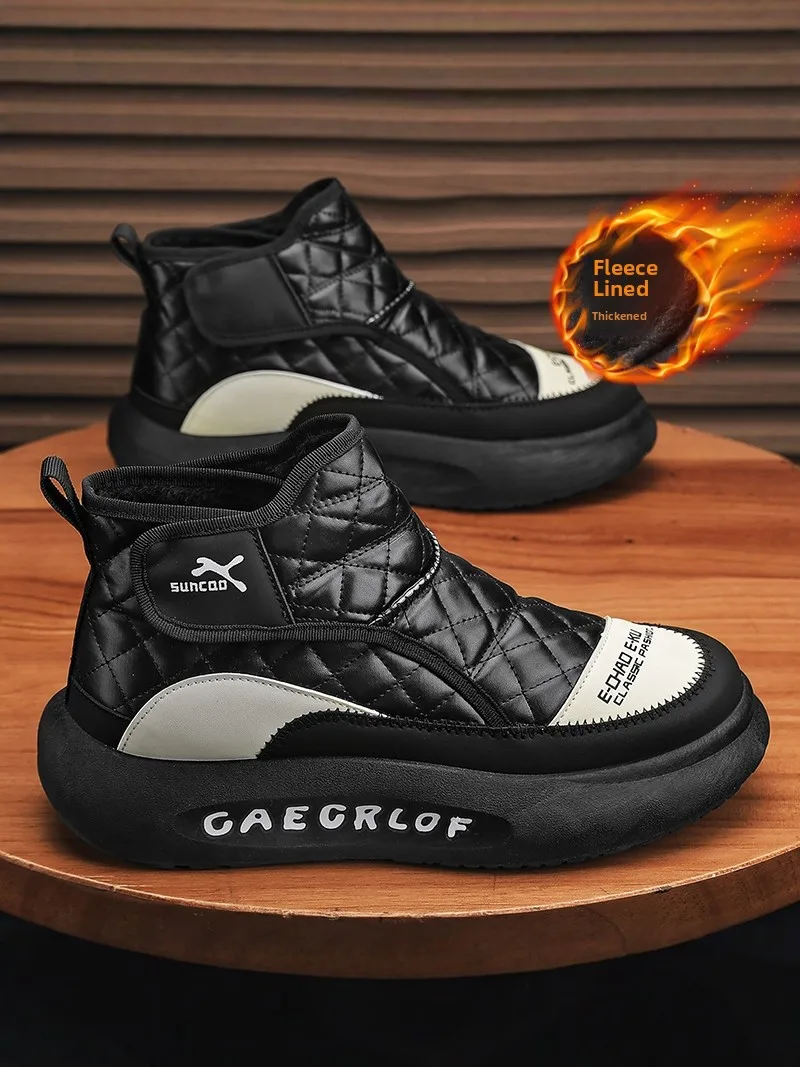 

Men's Winter High-Top Fur Leather Snow Boots Thickened Warm Casual Shoes round Toe Rubber Outsole Short Tube Closure