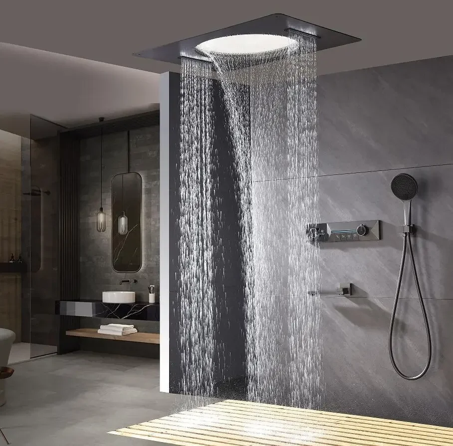 

Ceiling Embedded 600*800mm Led Shower Head with Digital Display Rain Waterfall Bathroom Thermostatic Shower Faucet Set