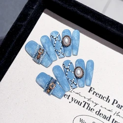 10pcsHandmade Press on Nails Blue Cowboy style Long Coffin Fake Nails for Girl Lady Wearable European Fashion False Nail Patches