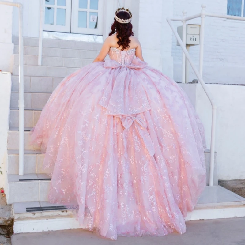 

Pink Shiny Quinceanera Dresses Ball Gown Off The Shoulder Sequin Applique Lace Bow Beads Tull Corset Party Birthday Sweet 16
