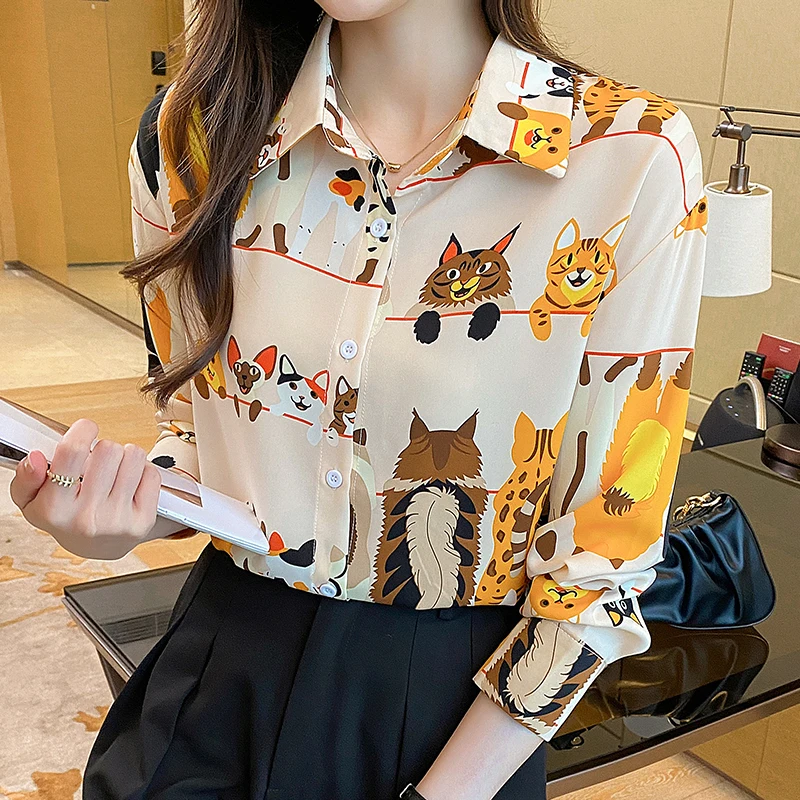 Women Spring Korean Fashion Loose Cartoon Chiffon Polo-Neck Long Sleeve Shirts Women Clothes Casual All-match Appear Thin Tops