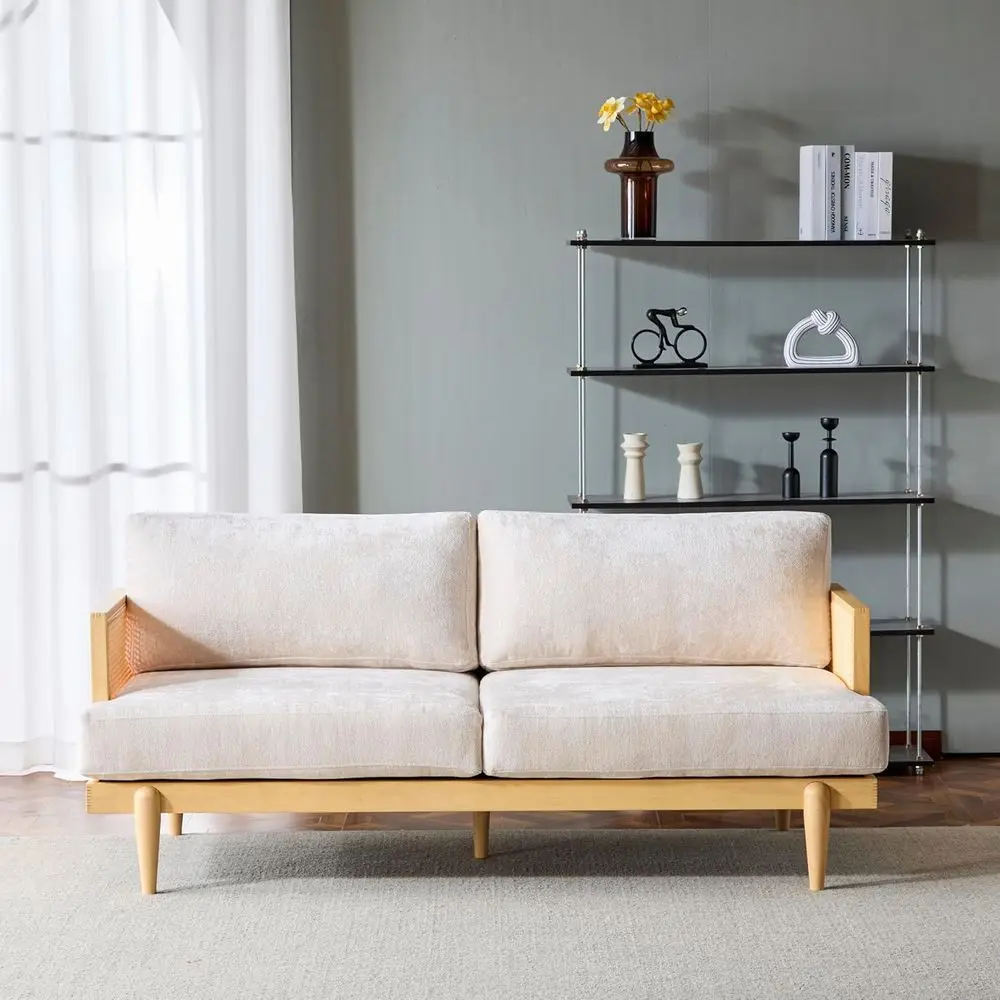

72 Square Arm 3-Seater Sofa with Cane Rattan, Rubber Wood Legs, High-Resilience Beige Cushions, Suitable for Vintage-Style Livin