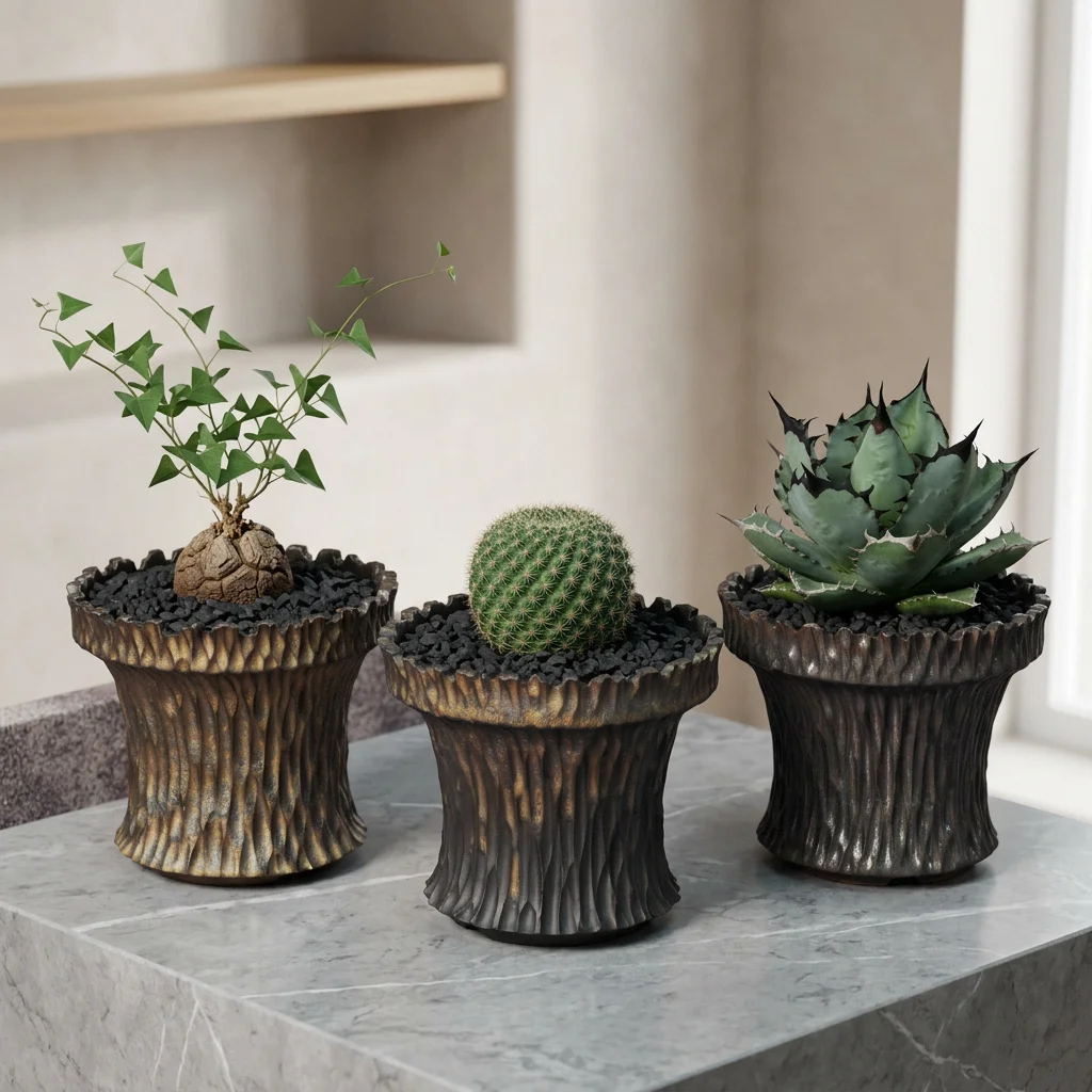 Hand Carved Wide Mouth Caudex Pot Ceramic Waist Shrunken Planter for Agave Cactus Ebisu Daikoku Succulent Shape Control Garden