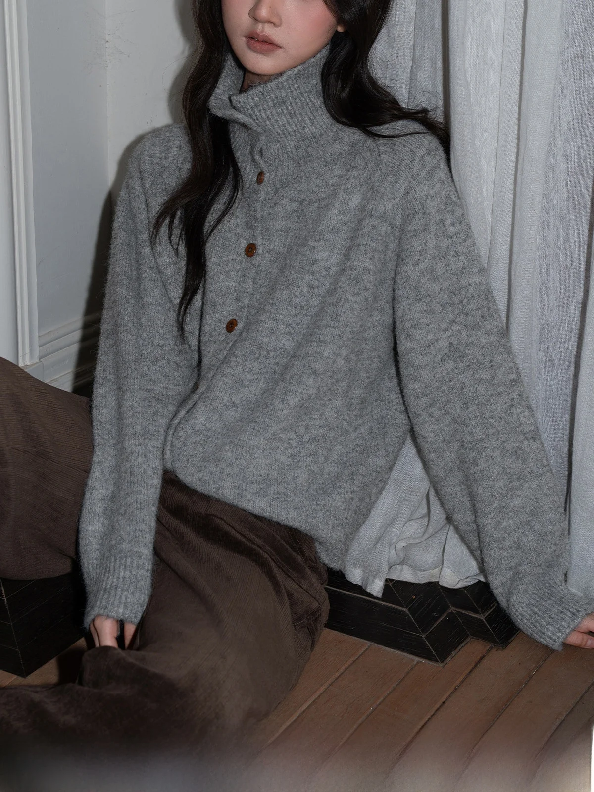 

Свободный женский вязаный свитер с высоким воротником, открытый кардиган, осень-зима, новый корейский ленивый свитер Sle ey Camere Swe...