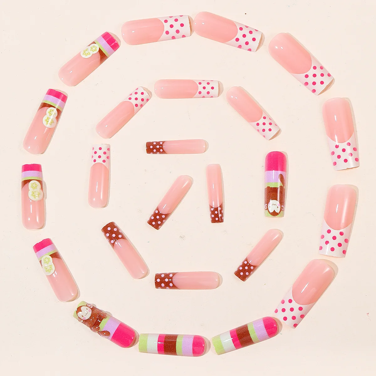 Long Pipe False Nails Cute Kawaii French Macaron Fake Nails Cartoon Monkey Banana Slice Detachable Press on Nails Macaron Stripe
