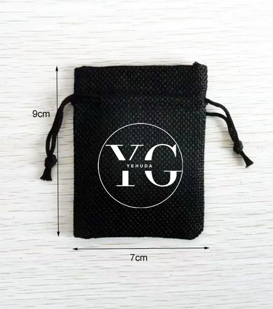 

100 Pieces Custom Logo 7x9cm Black Linen Bags Drawstring Gift Pouches Printed With White Color Logo