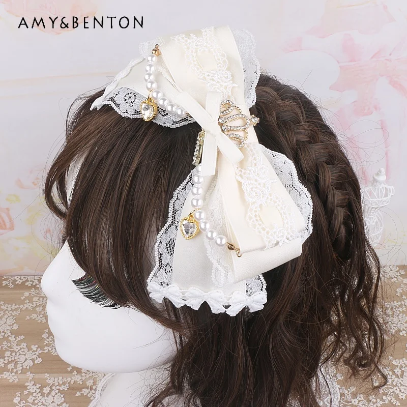 Handmade Japanese Mine Sweet Big Bow Lace Crown Rhinestone Beaded Hair Accessories Kawaii All-Match Lolita Headbands for Women