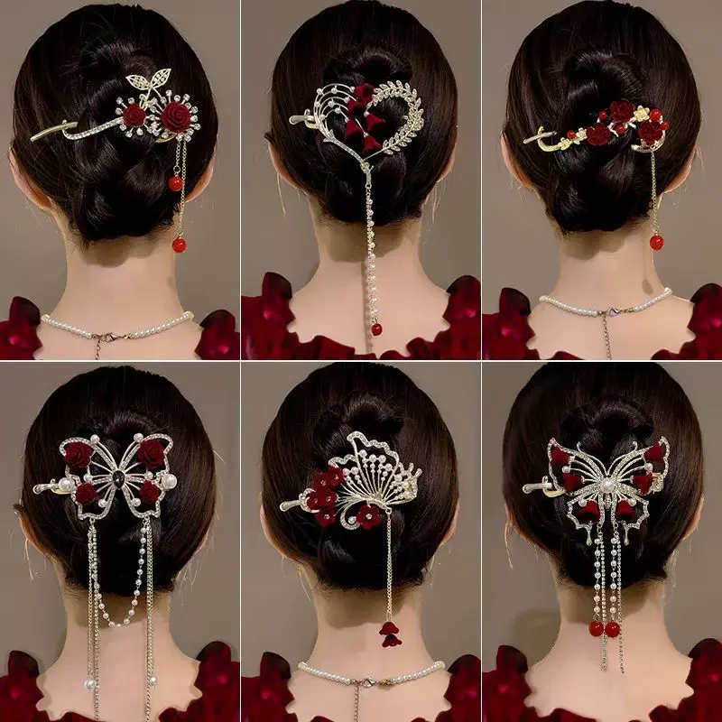 

Women's Wine Red Hairpins Hair Clips Female Fashion New Headwear Rose Flower Pearls Tassels Headdress 2026 New Headwear