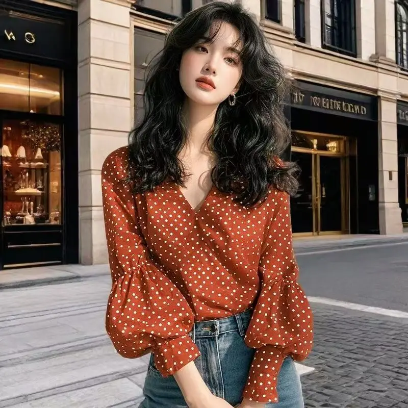 

Рубашка в горошек, женская весенне-осенняя рубашка с v-образным вырезом и рукавами-фонариками, базовые блузки, модная универсальная рабочая рубашка OL