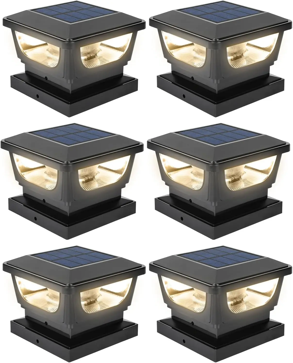 

Solar Post Lights, 120 Lumen Warm White LED, Fits 4x4 Wood/PCV/Vinyl Posts, IP65 Waterproof, Black, 6 Pack