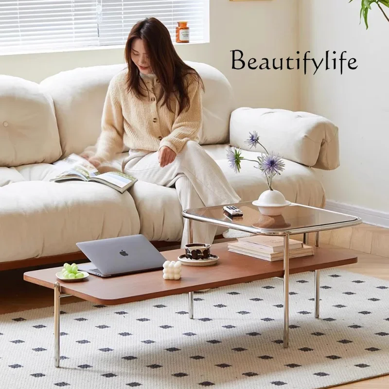 zL ​​Mid Century Modern Solid Wood Coffee Table 2-Tier Stainless Steel Frame Tempered Glass Minimalist Luxury Café Furniture FYC