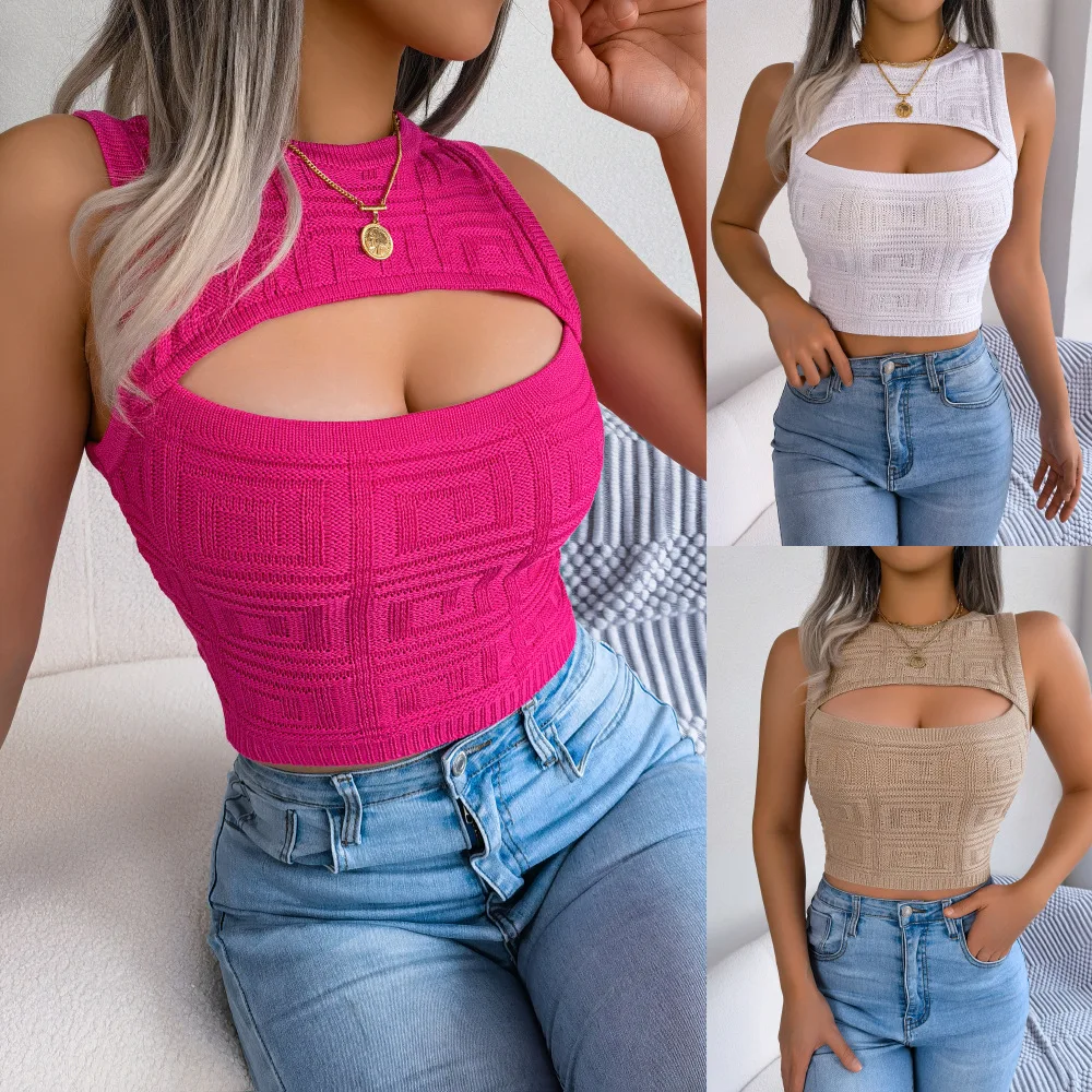 

Spring and Summer European and American Sexy Hollow Out Sleeveless Cinched Top Knitted Sweater