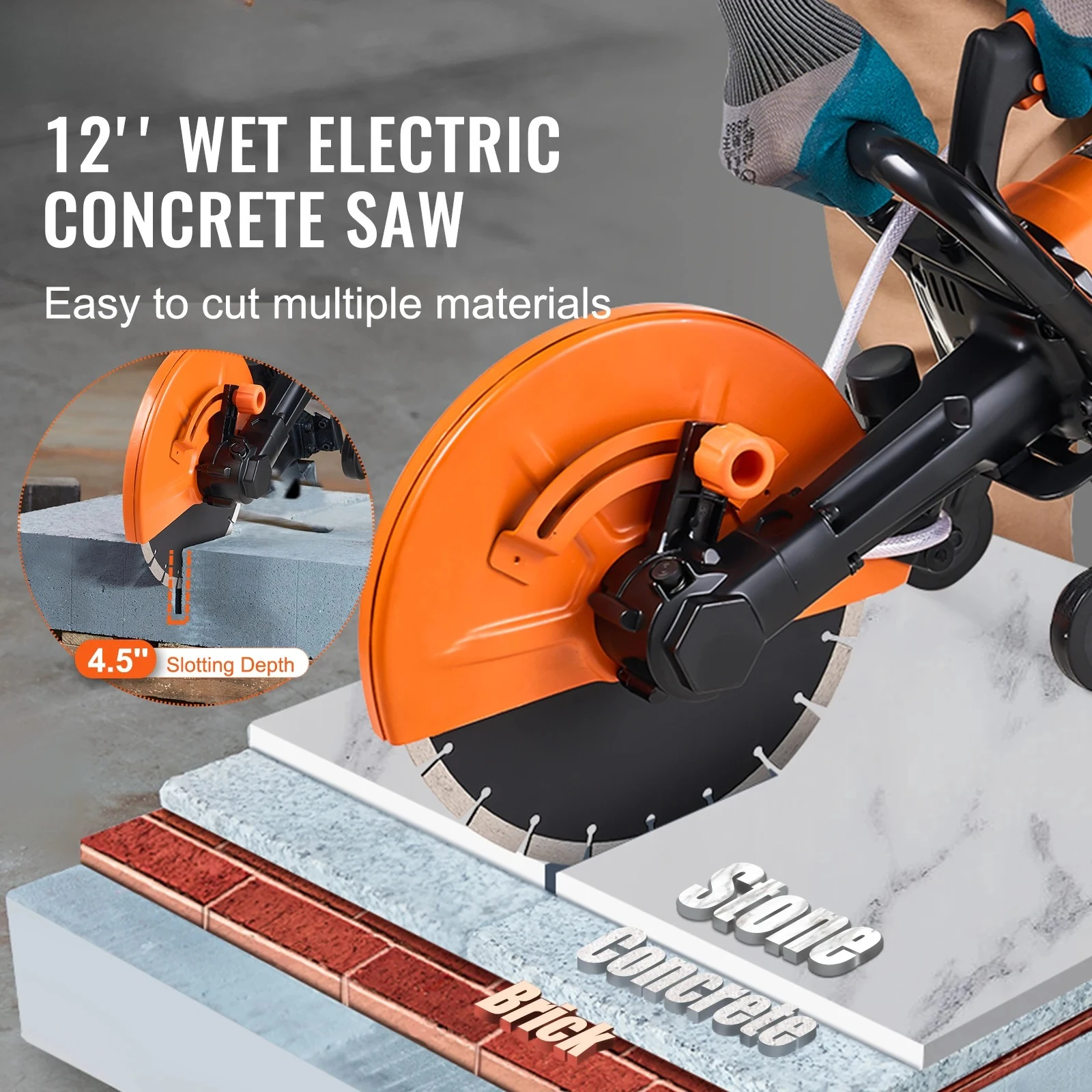 Electric Concrete Saw Circular Saw Cutter with Max. 4.5 in Adjustable Cutting Depth Wet Disk Cutter Includes Water Line