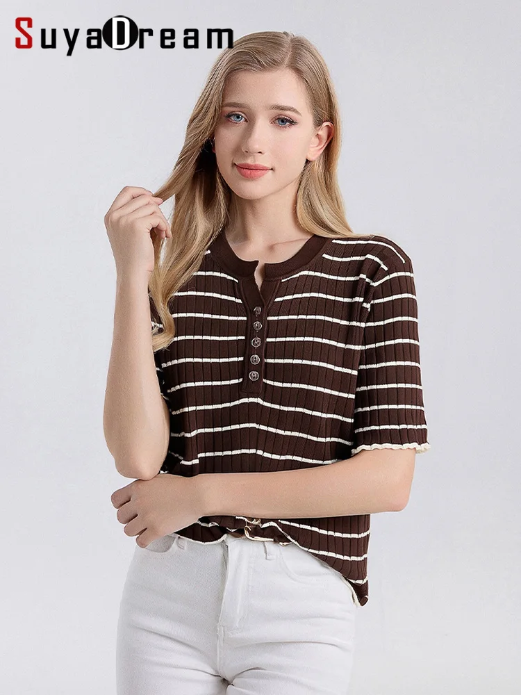 SuyaDream, Women Strips T Shirt, Round Neck, Short Sleeves Chic Shirt, 70%Silk 30%Cotton, 2025 Spring Summer Cozy Top,