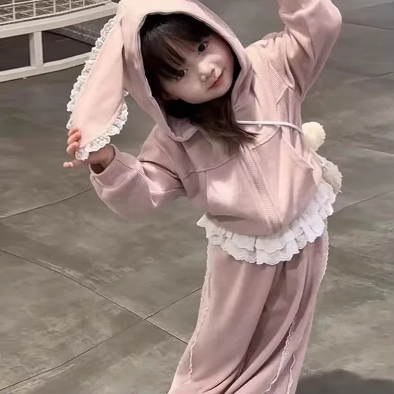 Girls Spring Autumn Clothing Set 2026 New Fashion Children's Lace Jacket Trim Bunny Ear Hooded Sweatshirt Pants 2-Piece Outfit
