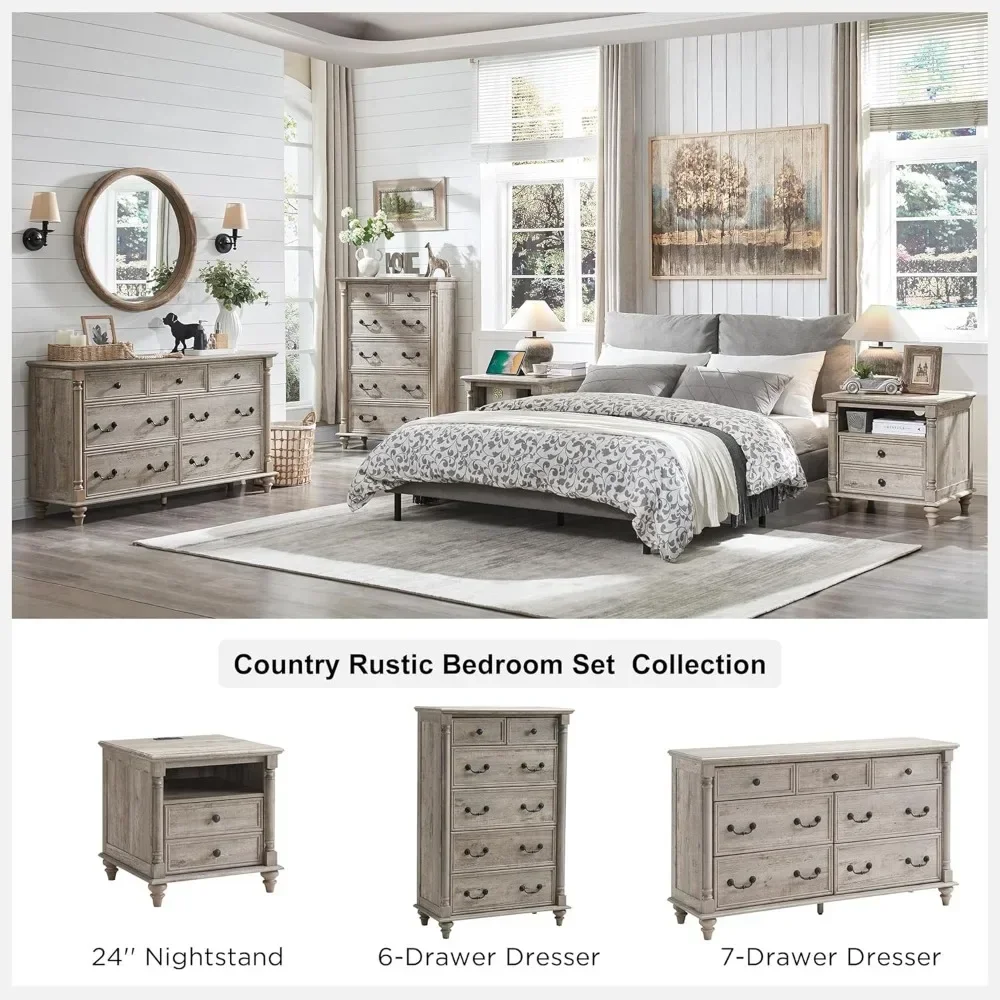 Cômoda rústica de madeira com 7 gavetas estilo country com pés sólidos e detalhes de coluna para quarto