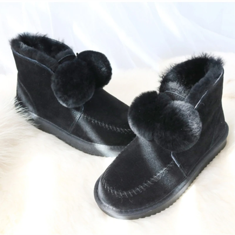 G&Zaco Sheep Fur Wool Boots Women Wool Shoes Sheepskin Snow Boots Winter Suede Ball Ankle Boot Genuine Leather Flat Fashion Shoe