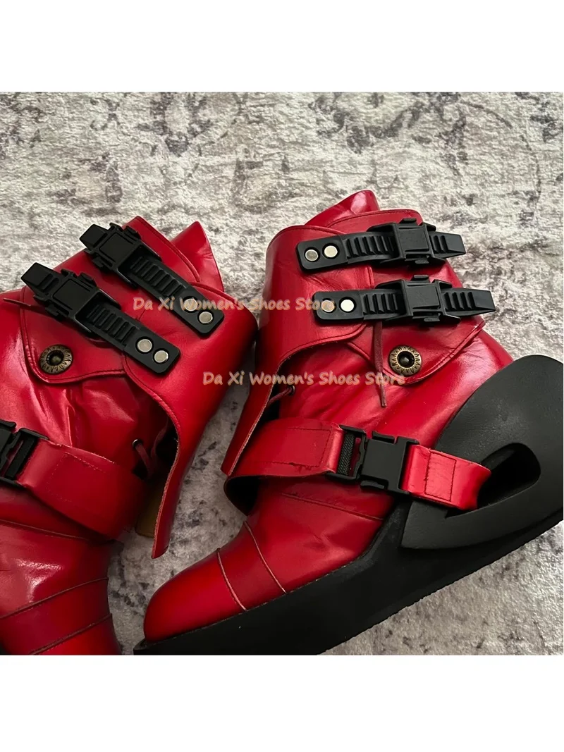 Red Patent Ankle Boots Techwear Multi Buckle Strap Cut Out Hollow Platform Sole Boots Y2K Gothic Motorcycle  red Women's Boots - view 3
