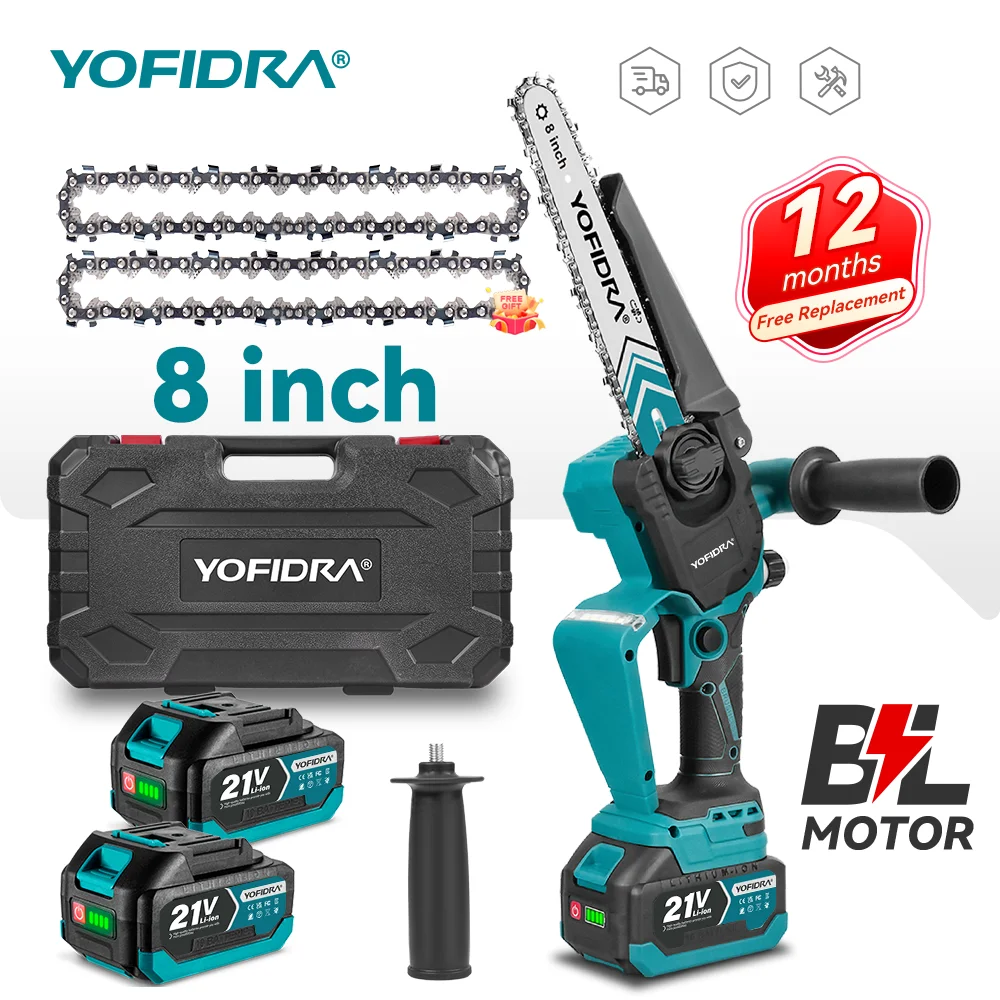 YOFIDRA 8 Zoll 4500W Bürstenlose Elektrische Kettensäge mit Digitalanzeige Holzbearbeitungs-Astsäge Schneidwerkzeug für 21V Akku