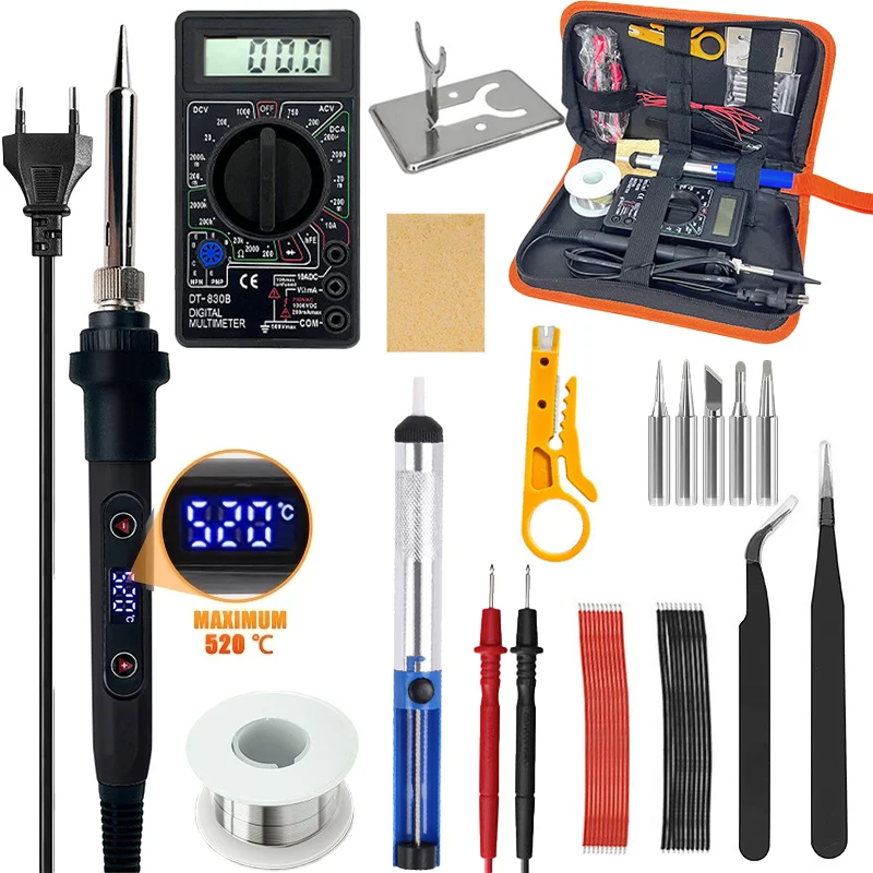 80W Digital Display Electric Soldering Iron Kit, 17‑Pcs Adjustable Temperature Welding Tool Set With DT‑830B Multimeter EU Plug