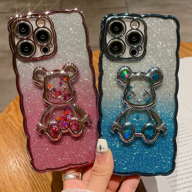 Glitter Glow Teddy Bear Case for iPhone Shockproof Luxury Cover Quicksand 15 14 Plus 13 Pro Max 12 Pro 11 X XR XS Max