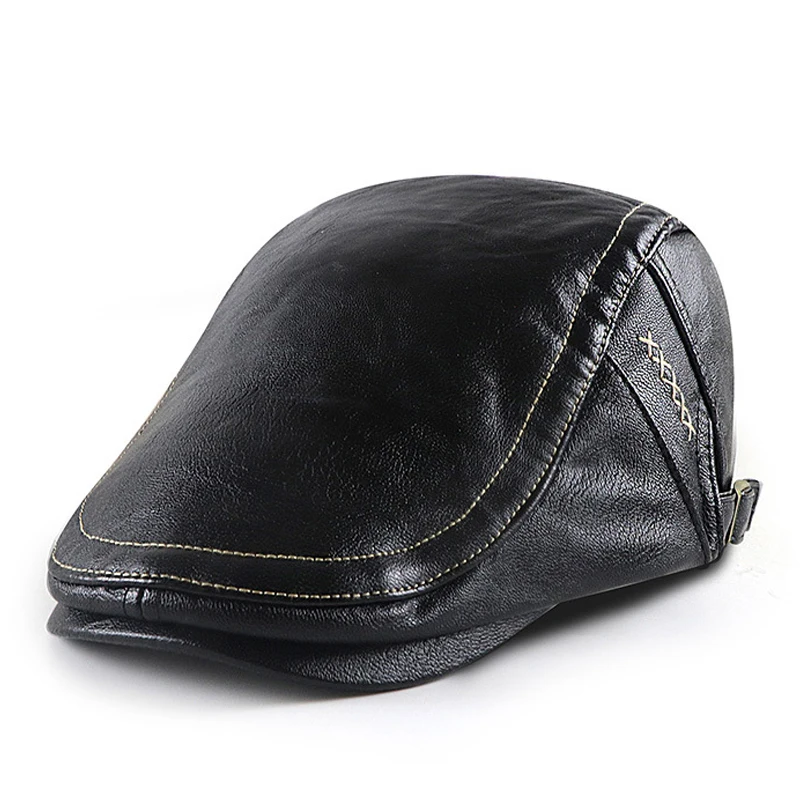 

PU Leather Flat Peaked Cap Men's Beret Hat Middle Aged Elderly Duckbill Cap Vintage Herringbone Newsboy Ivy Hat Forward Hat