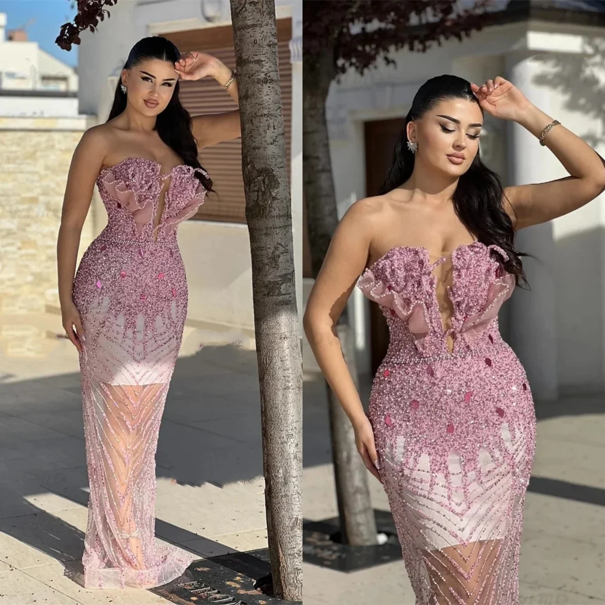 

Роскошные вечерние платья без бретелек, платье без рукавов с блестками, прозрачное платье с открытой спиной и скользящим шлейфом, вечернее платье по индивидуальному заказу