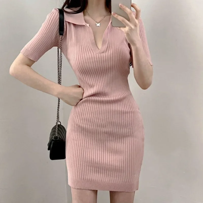 Vestido de manga corta para mujer, ropa ajustada de punto para mujer, ropa de calle de verano para vacaciones, Vestidos Ulzzang básicos suaves e informales
