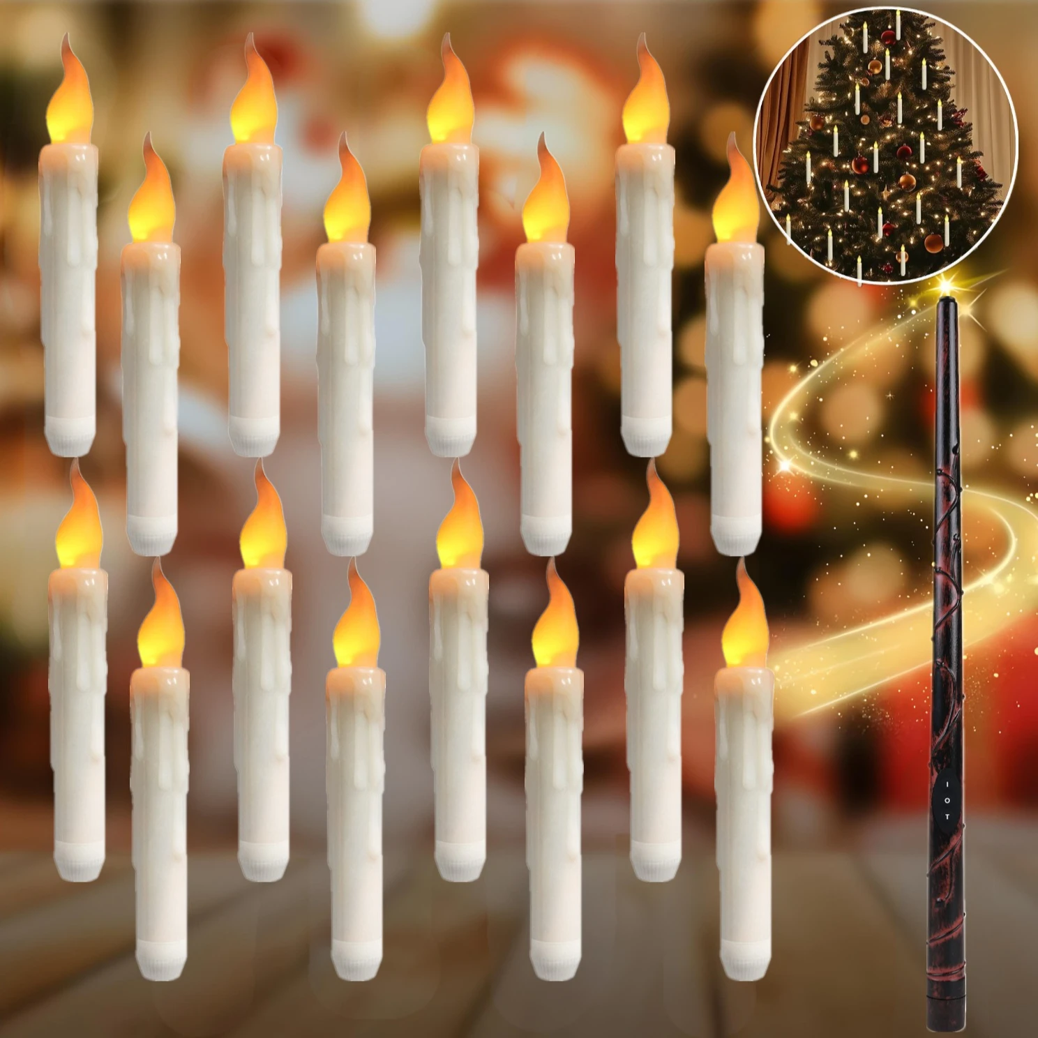 Bougies flottantes décoratives d'halloween avec baguette magique suspendue, bougie LED scintillante sans flamme, fonctionne à piles pour fête à thème